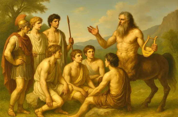 Bilge kentaur Kheiron elinde lir tutarak çevresinde toplanan genç kahramanlara ders veriyor. Arka planda dağlar ve açık gökyüzü görülüyor.